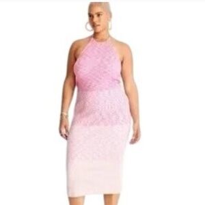 Future Collective Pink Gradient Open Back Knit Ribbed Halter Midi Dress